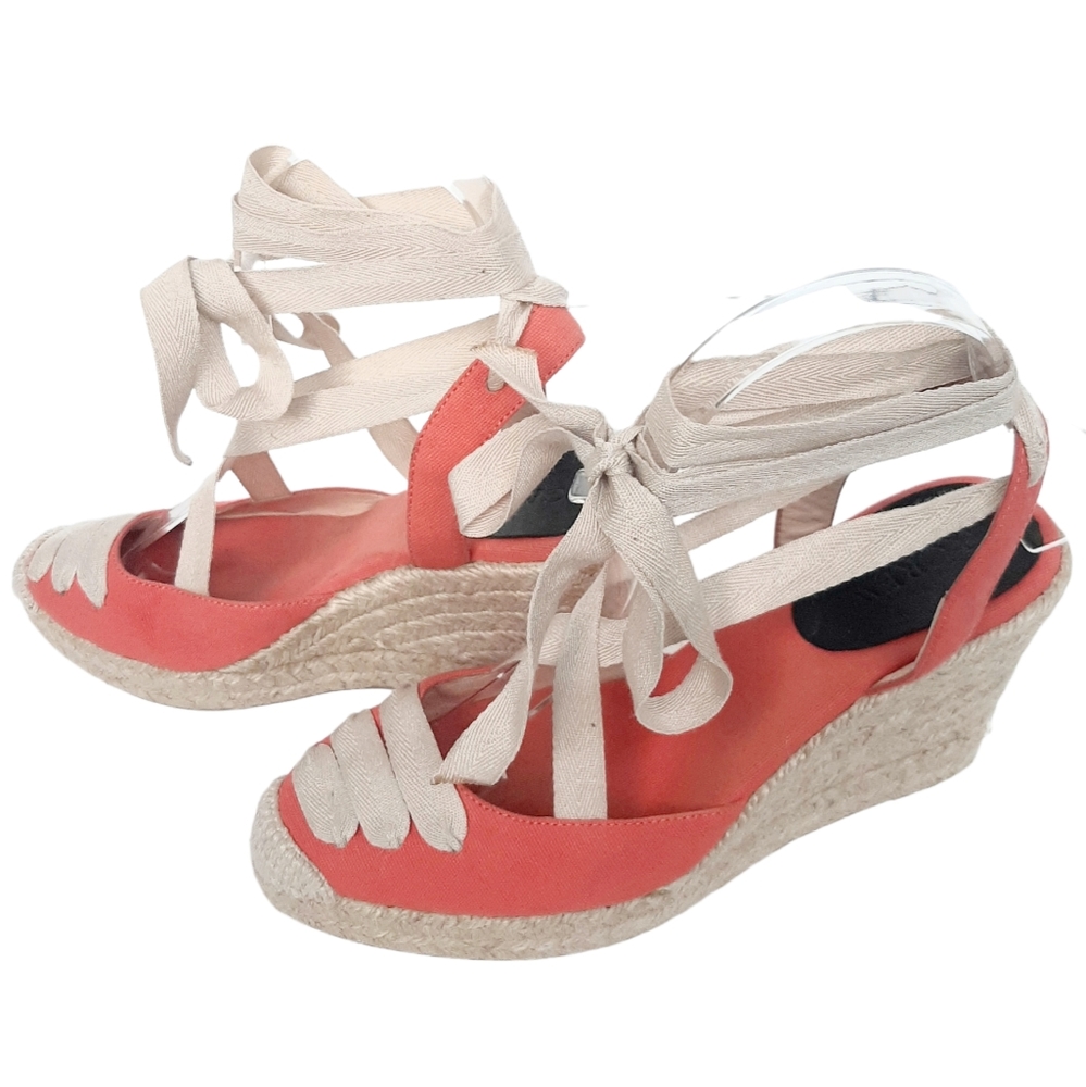 J. CREW Orange Canvas Espadrille Lace Up Ankle Strap Wedge Sandals Sz 7